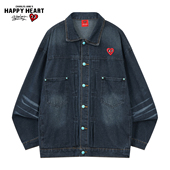 潮牌翻领情侣工装 查尔斯桃心复古水洗牛仔夹克男女春秋季 新款 外套