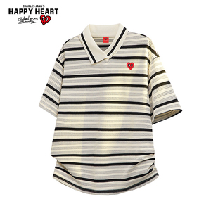 查尔斯桃心短袖条纹T恤男女夏季2026新款休闲情侣半袖上衣体恤潮