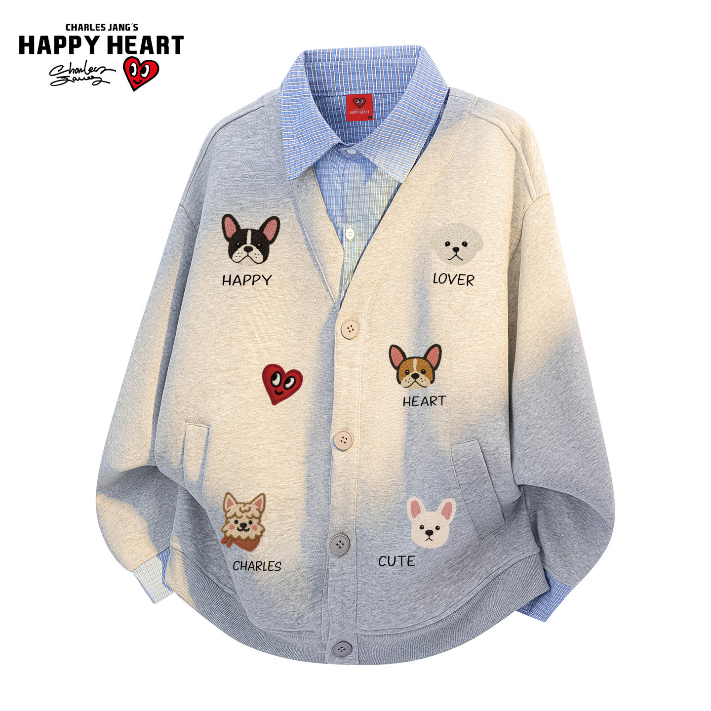 查尔斯桃心翻领假两件开衫卫衣男冬季小狗印花撞色拼接情侣外套潮