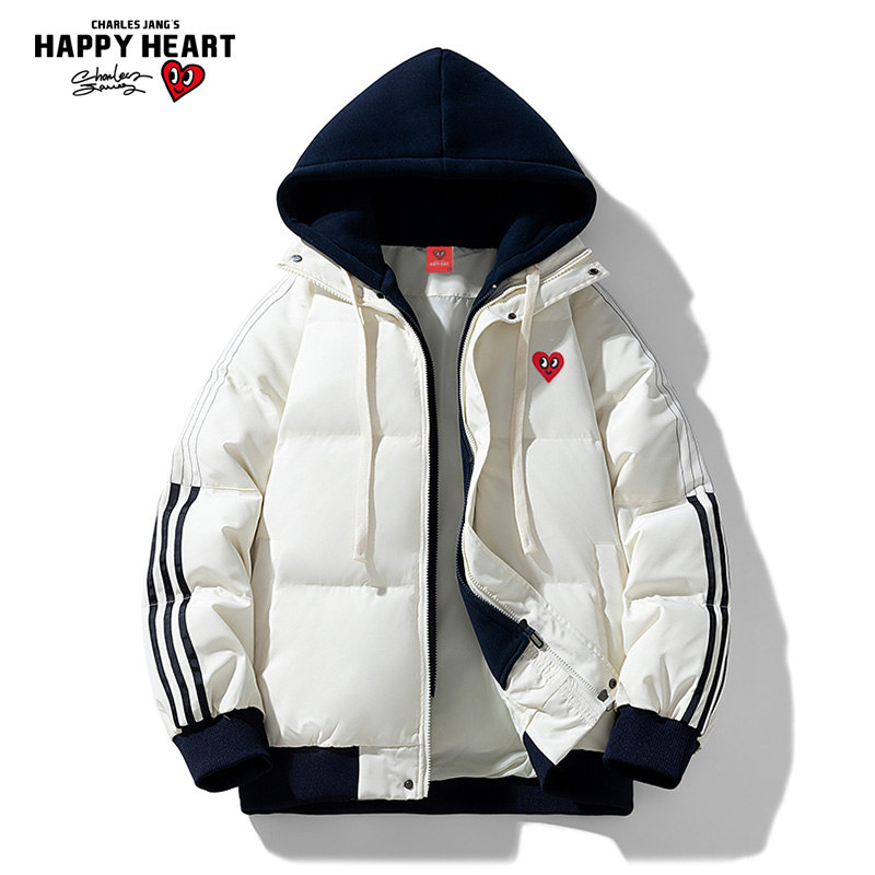 查尔斯桃心2025年连帽假俩件棉服男条纹情侣棉衣加厚保暖棉袄外套