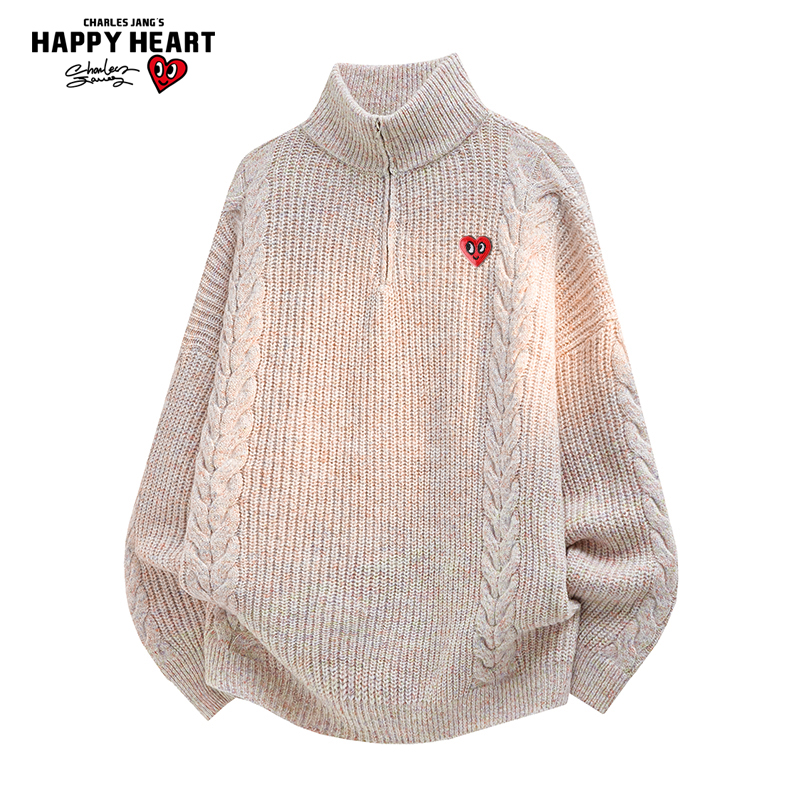 查尔斯桃心 美式麻花半拉链高领毛衣男女秋冬季软糯慵懒风针织衫