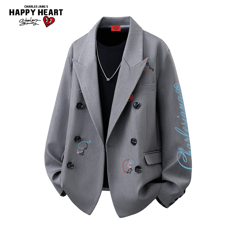 查尔斯桃心 美式西装夹克男春秋季新款双排扣痞帅高级感百搭外套