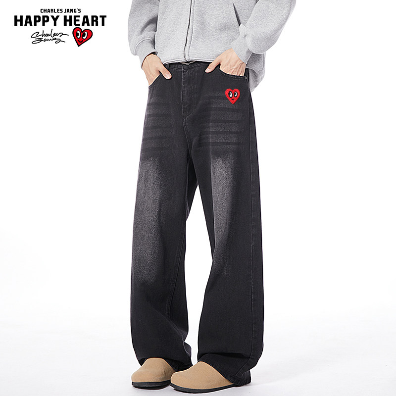 查尔斯桃心美式高街复古弯刀牛仔裤男春秋季痞帅宽松直筒水洗长裤,男装,牛仔裤,淘宝优惠券,粉丝福利购,淘宝优惠卷