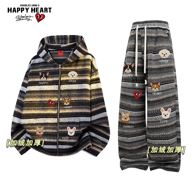 查尔斯桃心加绒加厚休闲套装男女冬季新款印花开衫卫衣直筒长裤子