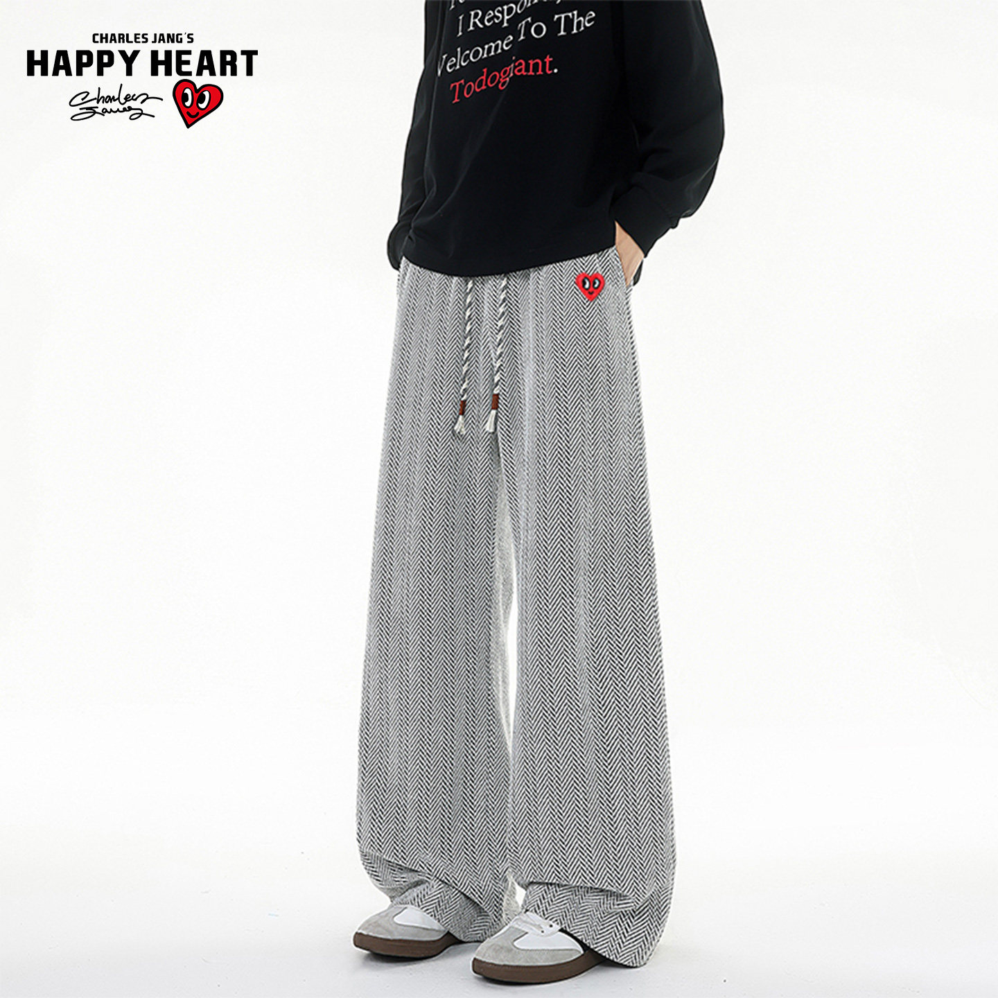 查尔斯桃心美式潮流风条纹情侣款阔腿裤宽松直筒休闲长裤肌理感,男装,休闲裤,淘宝优惠券,粉丝福利购,淘宝优惠卷