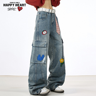 查尔斯桃心美式街头花朵刺绣工装牛仔裤男女秋季宽松直筒阔腿裤子