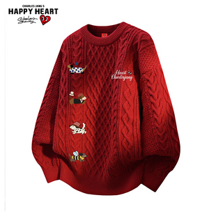 查尔斯桃心小狗印花圆领红色毛衣男女冬季新款慵懒麻花针织衫线衣
