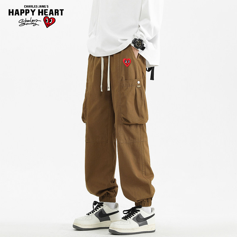 查尔斯桃心 美式纯棉裤子男2026春秋季宽松休闲多口袋工装九分裤