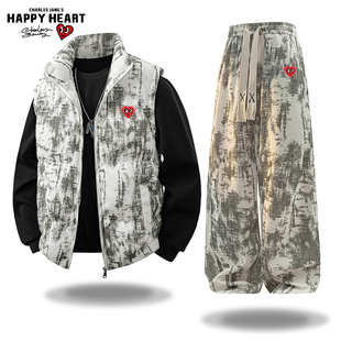 查尔斯桃心美式复古扎染马甲棉服套装男秋冬季休闲直筒裤子两件套