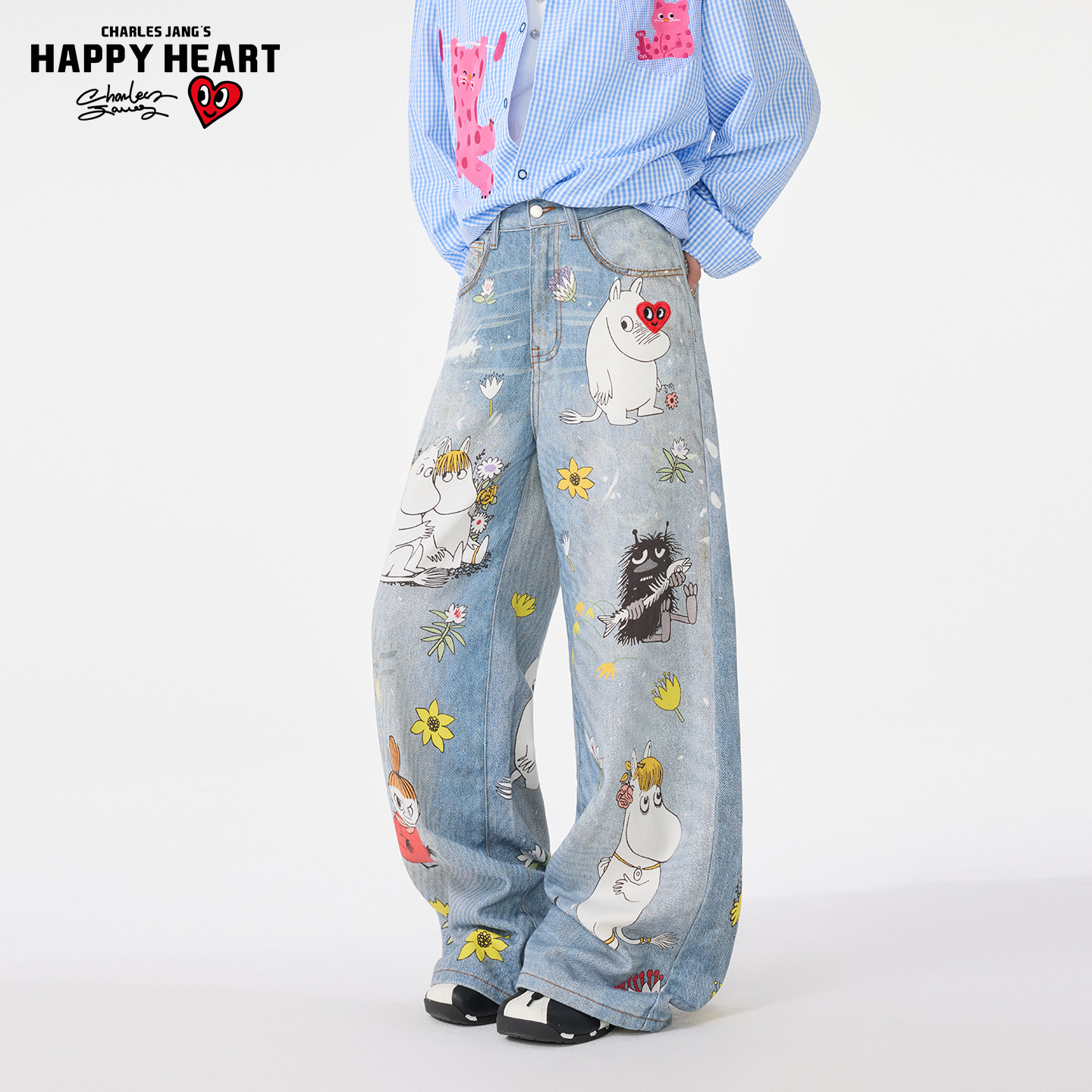 查尔斯桃心美式卡通印花牛仔裤男女春秋直筒宽松阔腿显瘦长裤子