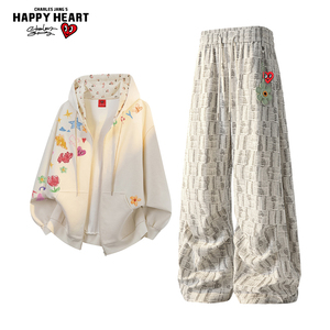 查尔斯桃心开衫连帽卫衣休闲套装男春秋季外套宽松百搭直筒长裤子