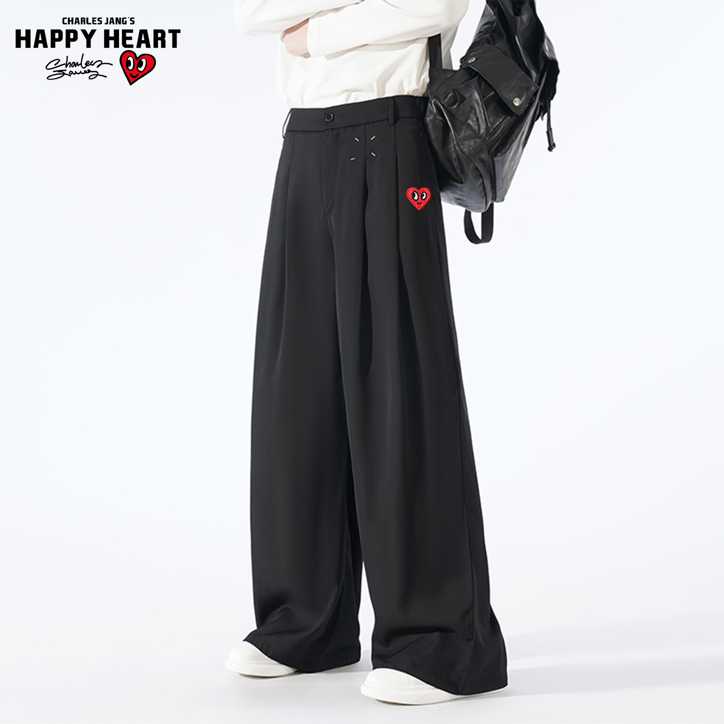 查尔斯桃心 褶皱垂感休闲西裤男女款秋冬季加绒弯刀阔腿拖地长裤