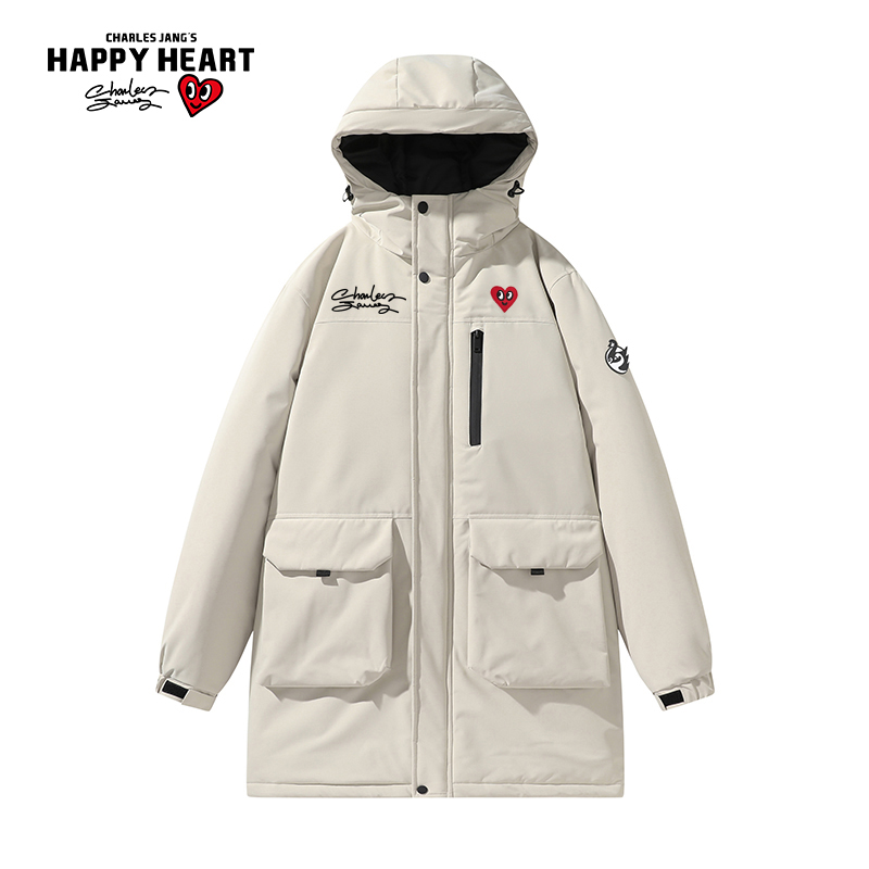 查尔斯桃心中长款工装连帽棉服男