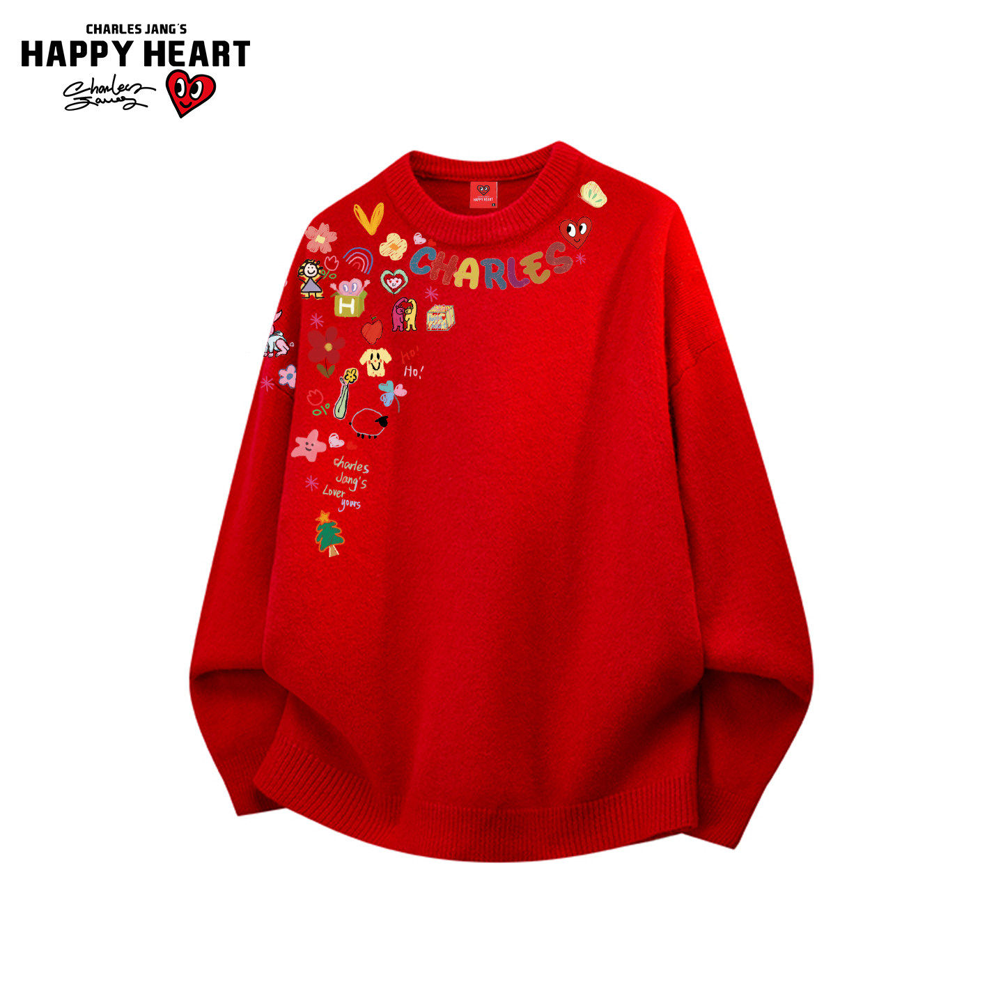 查尔斯桃心卡通涂鸦慵懒风绵羊绒圆领毛衣男女秋冬红色情侣针织衫