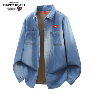 查尔斯桃心 港风牛仔夹克男秋冬季加绒加厚休闲日系长袖衬衫外套
