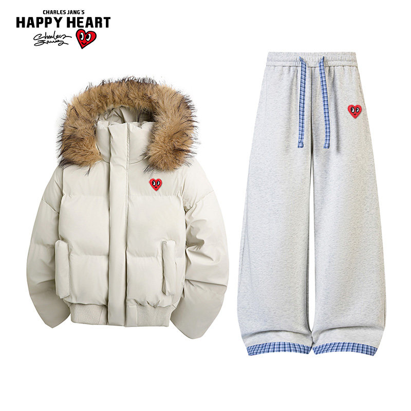 查尔斯桃心休闲套装男冬季连帽棉衣直筒长裤子宽松休闲爱心两件装,男装,休闲运动套装,淘宝优惠券,粉丝福利购,淘宝优惠卷