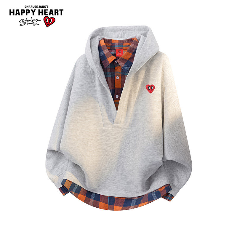 查尔斯桃心 美式假两件格子连帽卫衣男女春秋季潮流拼接休闲外套