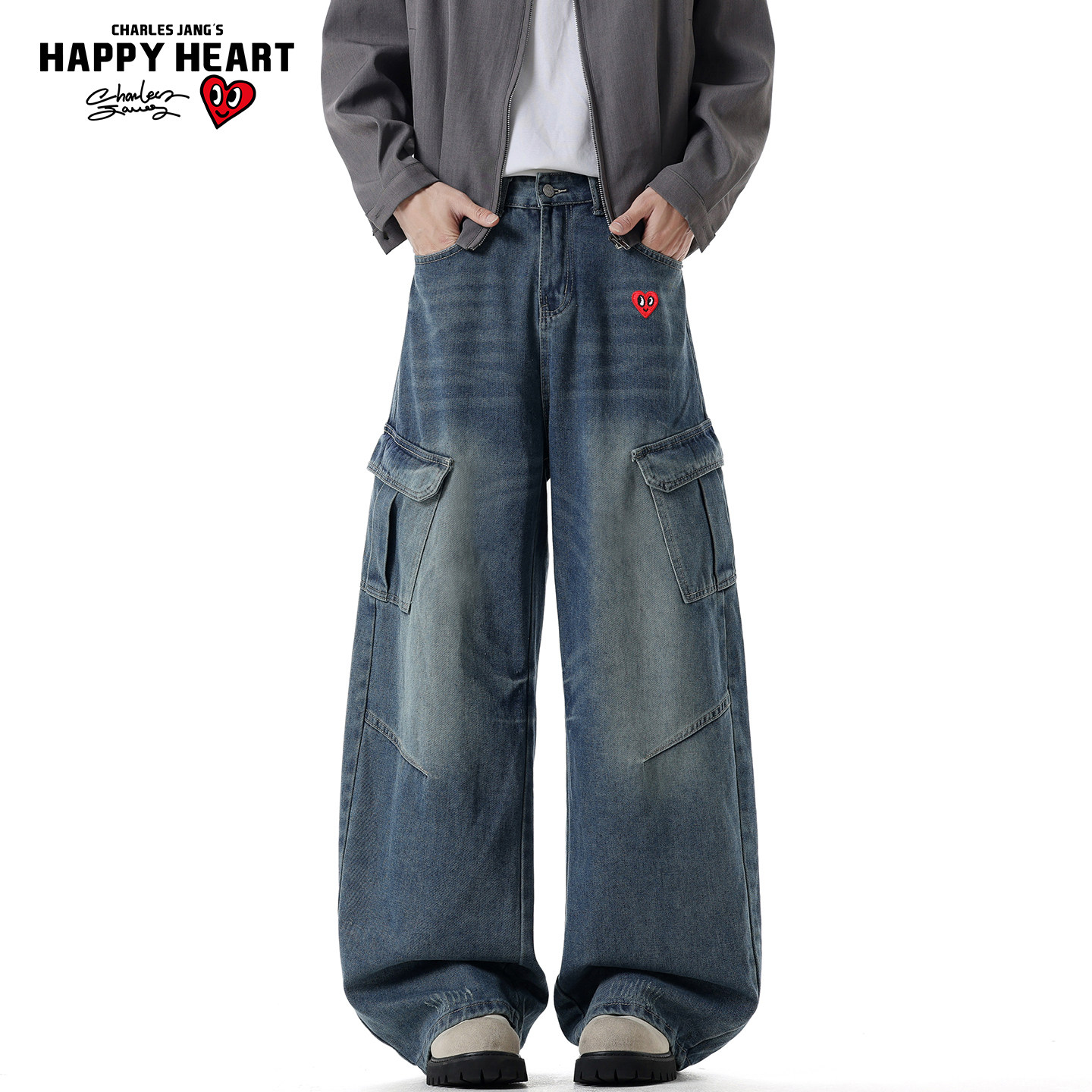 查尔斯桃心美式复古工装牛仔裤男春季拼接大口袋宽松直筒阔腿长裤,男装,牛仔裤,淘宝优惠券,粉丝福利购,淘宝优惠卷