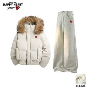 子保暖两件装 PU皮连帽棉服牛仔长裤 潮 男女冬季 查尔斯桃心休闲套装