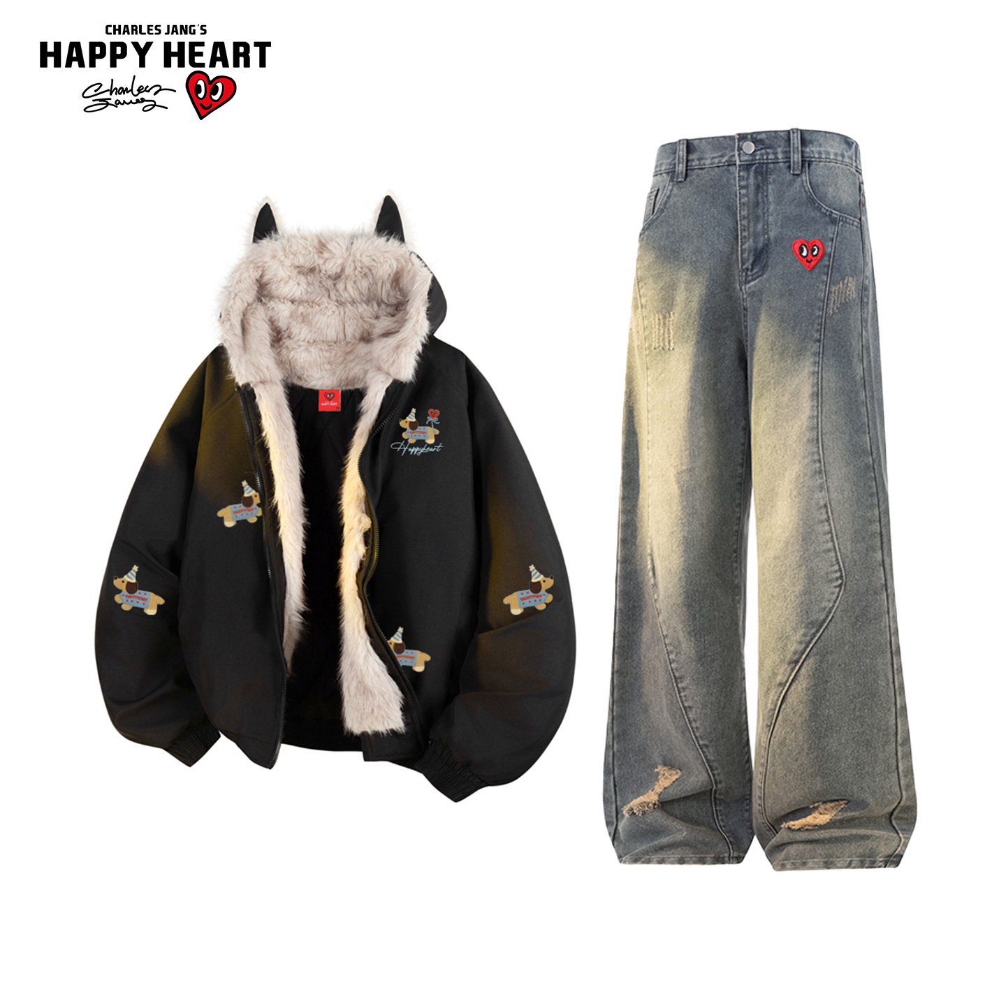 查尔斯桃心休闲套装男冬季座山雕连帽棉服复古牛仔长裤子两件装,男装,休闲运动套装,淘宝优惠券,粉丝福利购,淘宝优惠卷