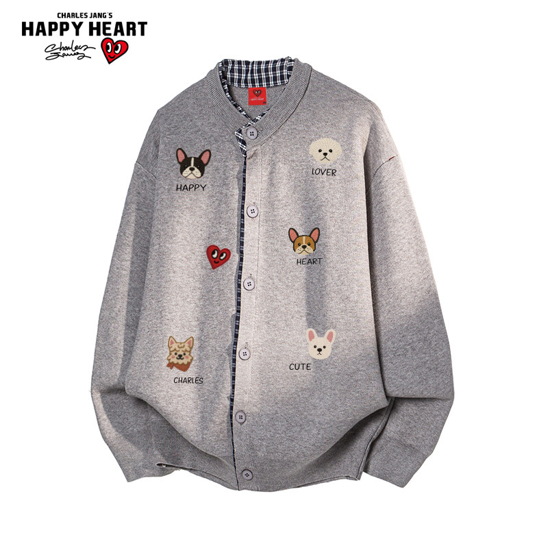 查尔斯桃心小狗假两件开衫毛衣男士冬季2025新款休闲针织衫外套女