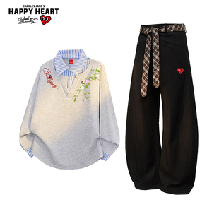 查尔斯桃心休闲套装男女新款春秋季百搭潮流假两件卫衣宽松长裤子