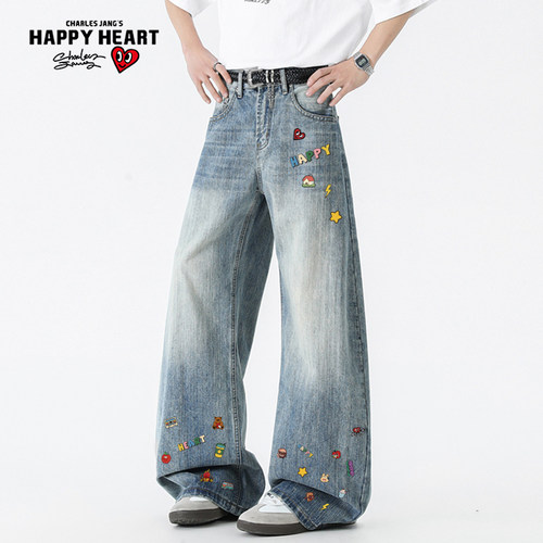 查尔斯桃心复古磨白牛仔裤男直筒