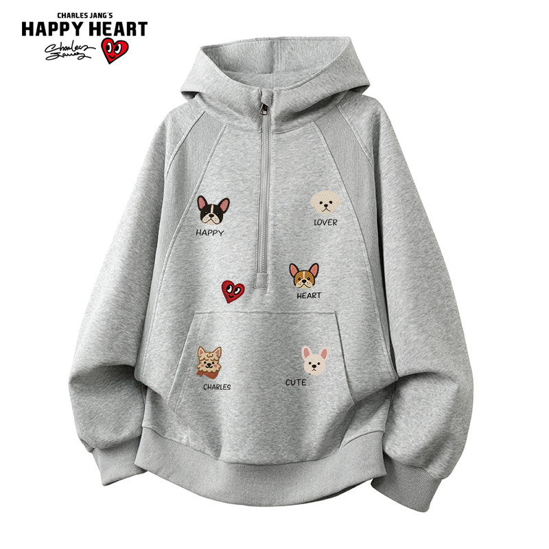 查尔斯桃心美式解构半拉链连帽卫衣男春秋季宠物印花休闲套头外套