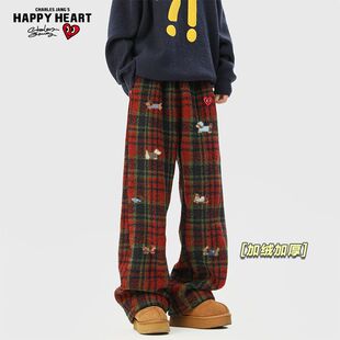 查尔斯桃心美式复古格子休闲裤男女冬季新款加绒加厚直筒长裤子潮