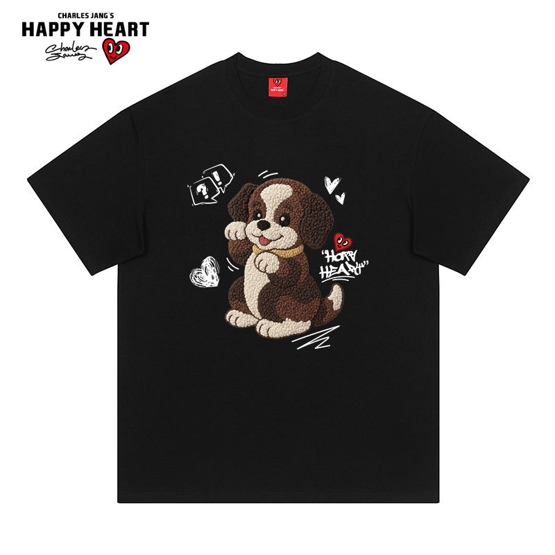 查尔斯桃心 仿刺绣小狗印花短袖T恤男夏季新款纯棉宽松圆领半截袖