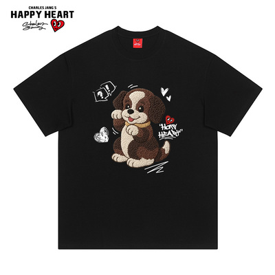查尔斯桃心仿刺绣小狗短袖t恤男