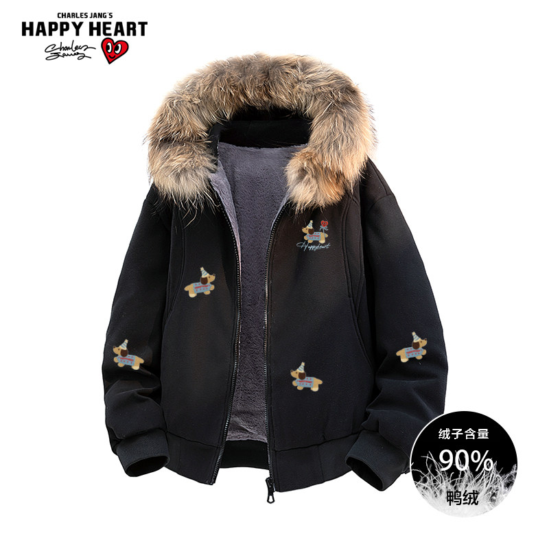 查尔斯桃心腊肠狗印花毛领加厚90羽绒服男女冬季保暖休闲工装外套