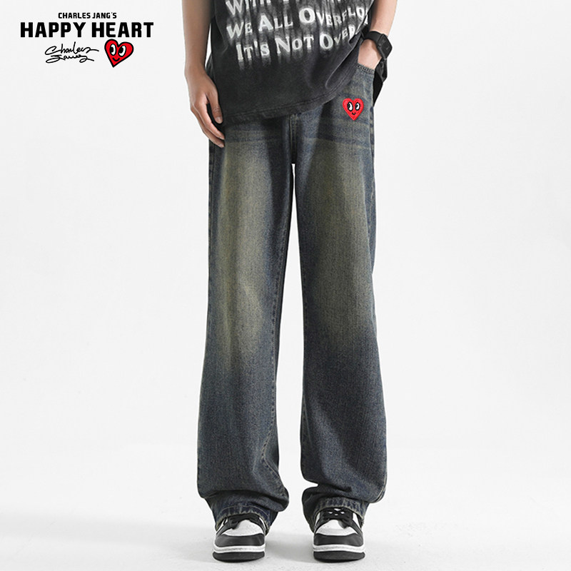 查尔斯桃心 复古牛仔裤男2025年夏季透气微喇宽松直筒水洗长裤子