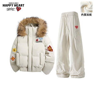 查尔斯桃心毛领连帽棉服休闲套装