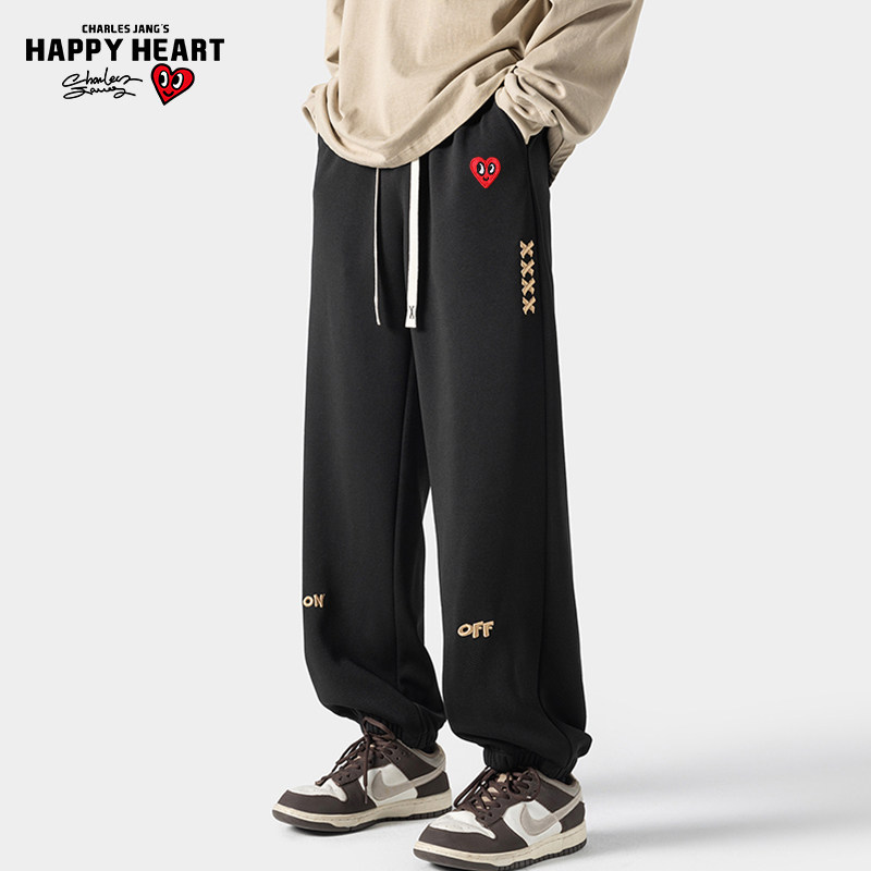 查尔斯桃心美式刺绣裤子男春秋季新款大码束脚运动卫裤宽松休闲裤