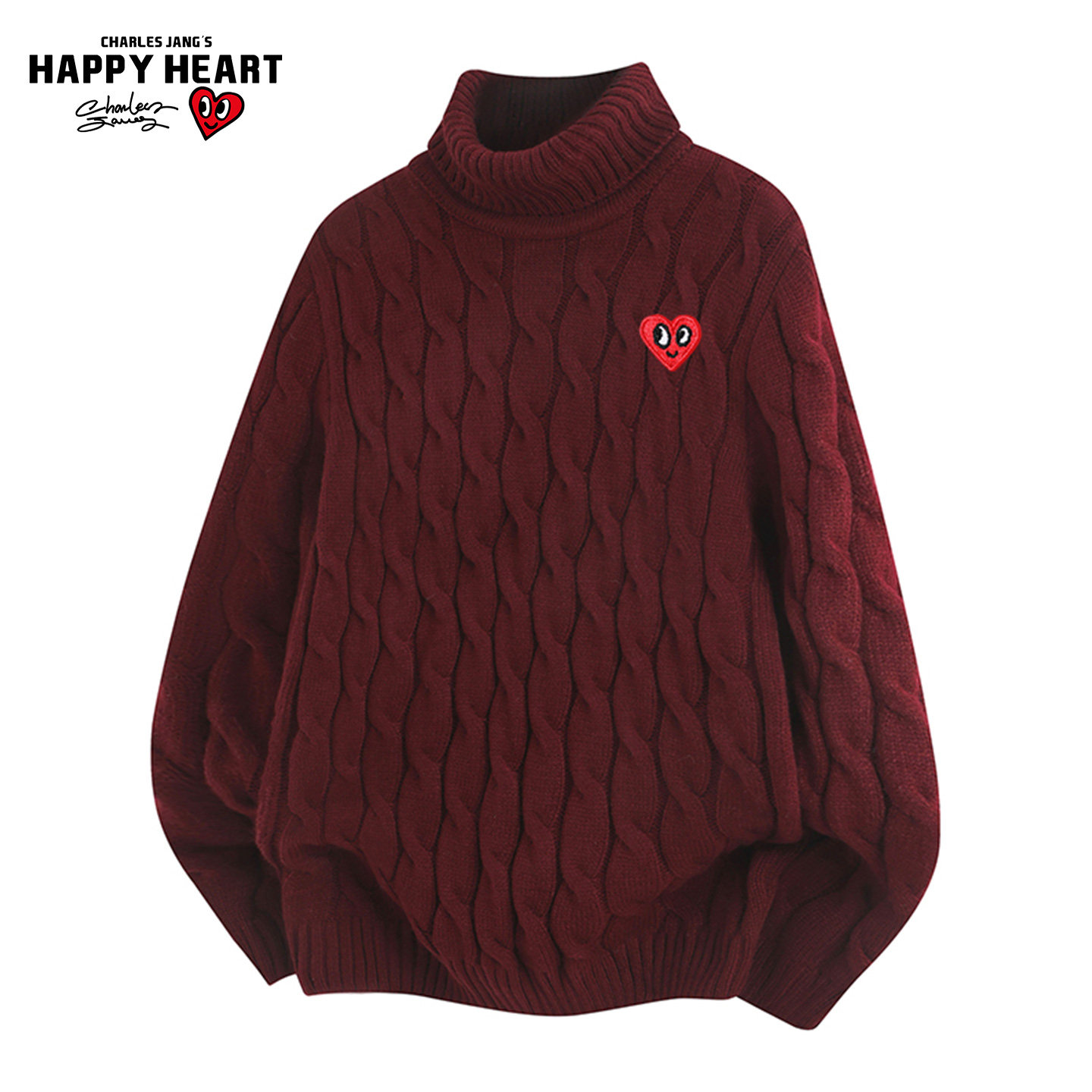 查尔斯桃心美式麻花纹高领毛衣男女秋冬款针织衫上衣宽松打底衫潮