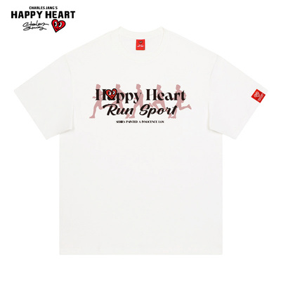 查尔斯桃心 美式跑步人生印花短袖T恤男女夏季宽松纯棉情侣半袖
