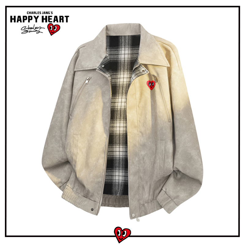 查尔斯桃心美式复古扎染格子双面穿夹克外套男宽松潮流情侣上衣服