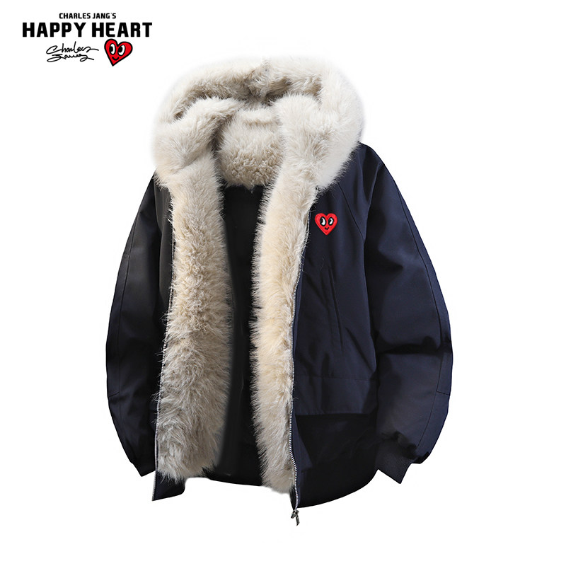 查尔斯桃心美式连帽毛领90羽绒服男新款2025冬季宽松休闲加厚外套