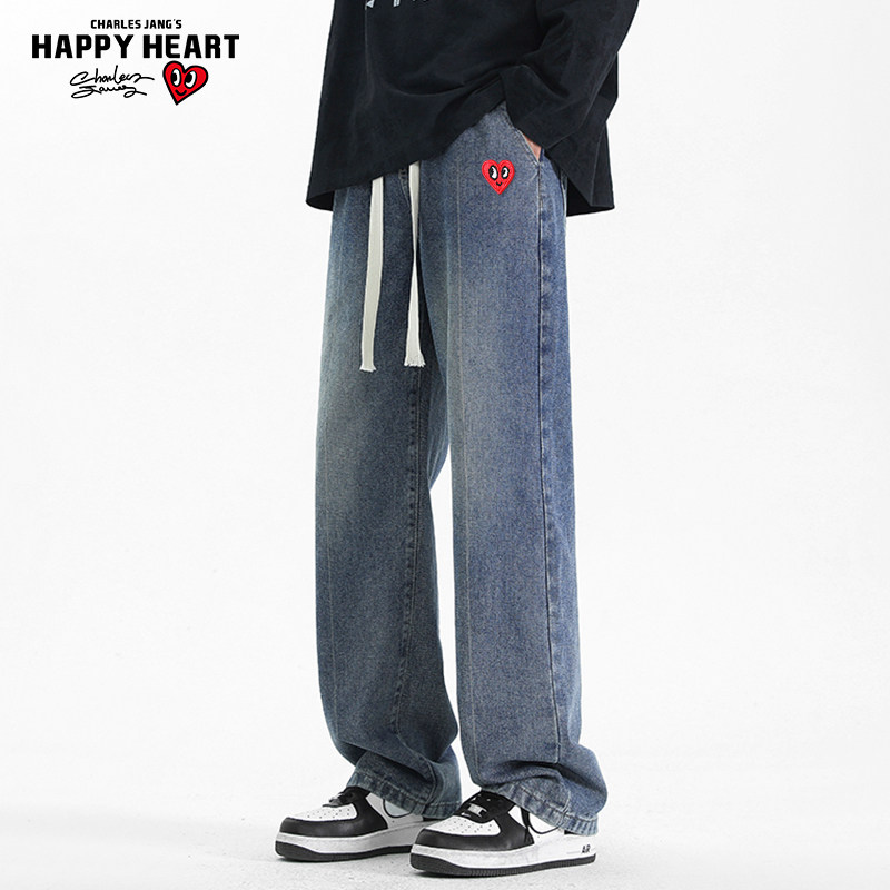 查尔斯桃心 水洗磨白牛仔裤男2026年夏季抽绳宽松直筒阔腿长裤子