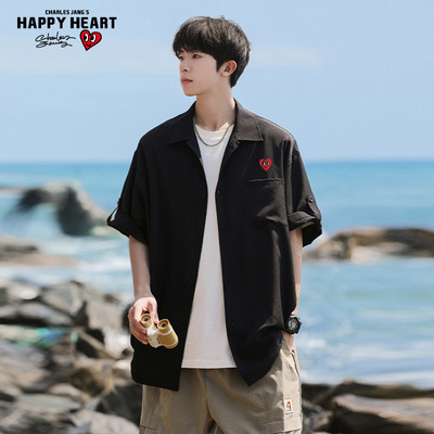 查尔斯桃心日系纯色短袖衬衫男