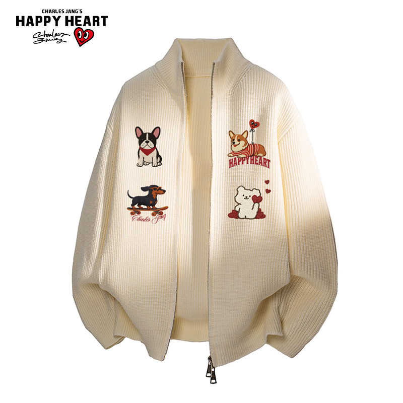 查尔斯桃心小狗印花针织衫毛衣男女冬季新款宽松休闲立领开衫外套,男装,针织衫/毛衣,淘宝优惠券,粉丝福利购,淘宝优惠卷