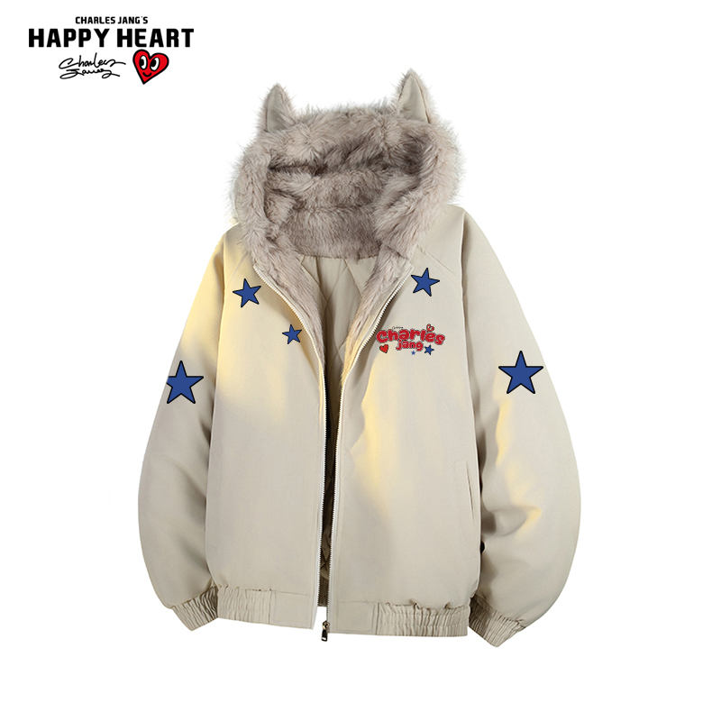 查尔斯桃心星星印花猫耳棉服男女冬季新款宽