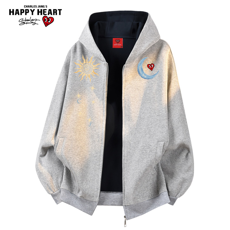 查尔斯桃心 日月印花美式开衫卫衣男春秋季纯棉连帽撞色情侣外套