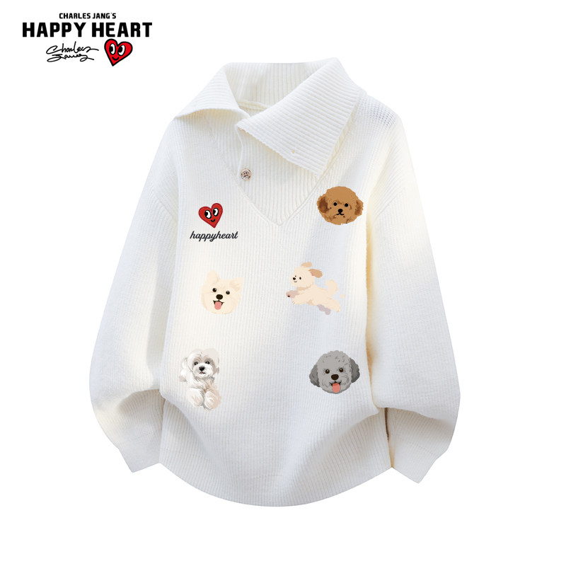 查尔斯桃心小狗印花纽扣翻领毛衣男女冬季新款保暖慵懒针织衫上衣