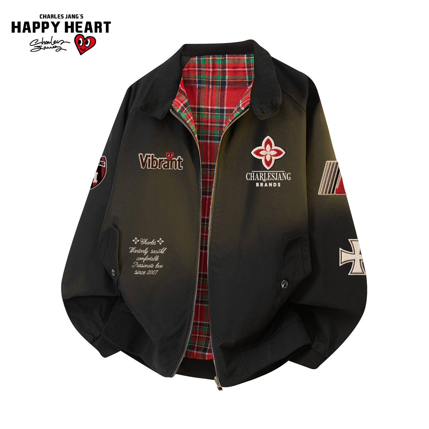 查尔斯桃心美式格纹立领夹克男春秋季新款字母印花情侣教练服外套