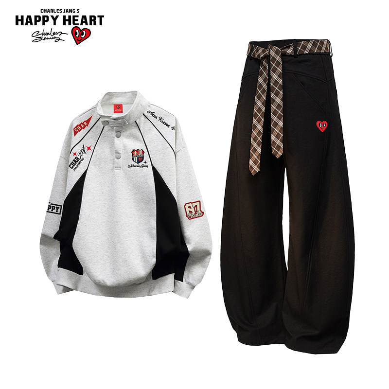 查尔斯桃心运动套装男女春秋季新款宽松立领休闲卫衣弯刀长裤子潮