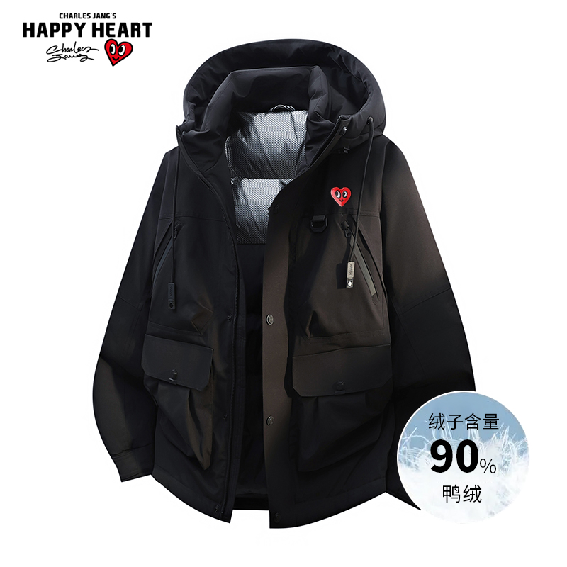 查尔斯桃心 冬季户外90鸭绒连帽羽绒服男加厚保暖防泼水工装外套
