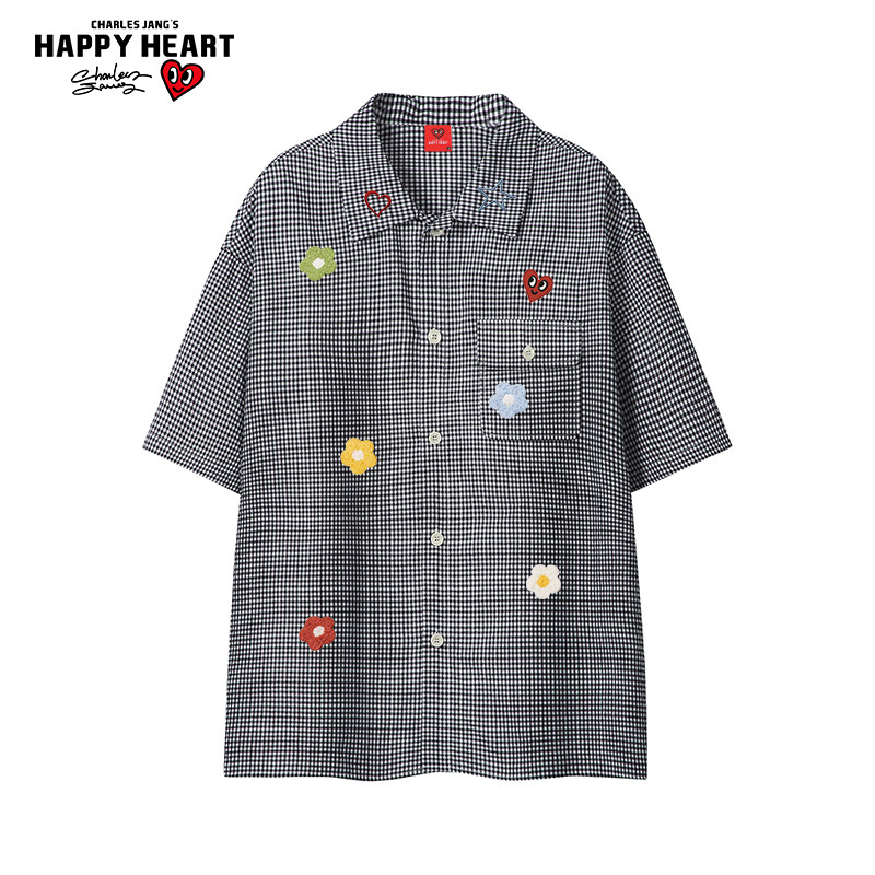查尔斯桃心 美式花卉印花格子翻领短袖衬衫夏季男女百搭休闲开衫