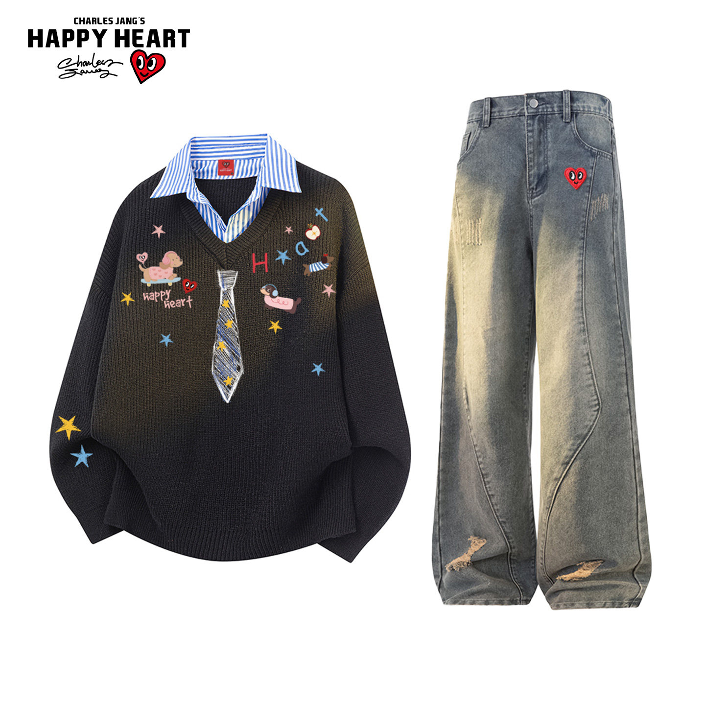 查尔斯桃心休闲套装男女冬季设计感翻领毛衣直筒牛仔长裤子两件装,男装,休闲运动套装,淘宝优惠券,粉丝福利购,淘宝优惠卷